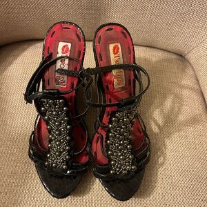 Two Lips Black Strappy Beaded Heels